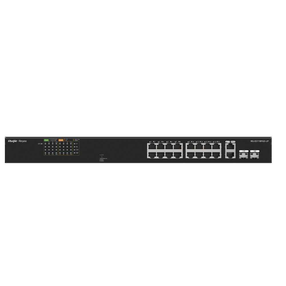 Switch PoE+ RUIJIE 120 Watts No Administrable Ideal para CCTV 16 Puertos 10/100 2 Uplinks Gigabit y 2 SFP Carcasa Metálica RG-ES118FGS-LP - SILYMX