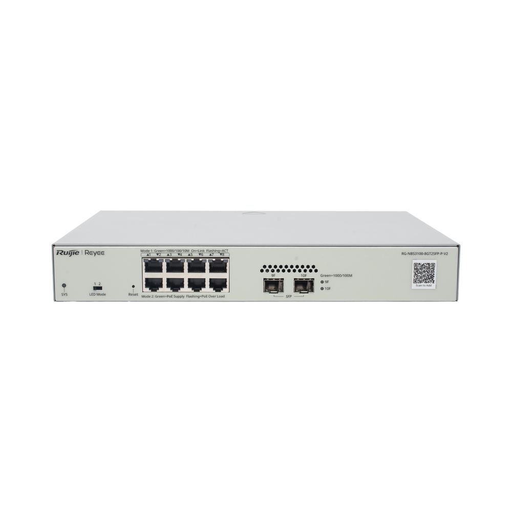 Switch Administrable PoE Capa 2 8 puertos Gigabit PoE 802.3af/at + 2 SFP para fibra 1Gb gestión gratuita desde la nube 125w RG-NBS3100-8GT2SFP-P-V2 - SILYMX