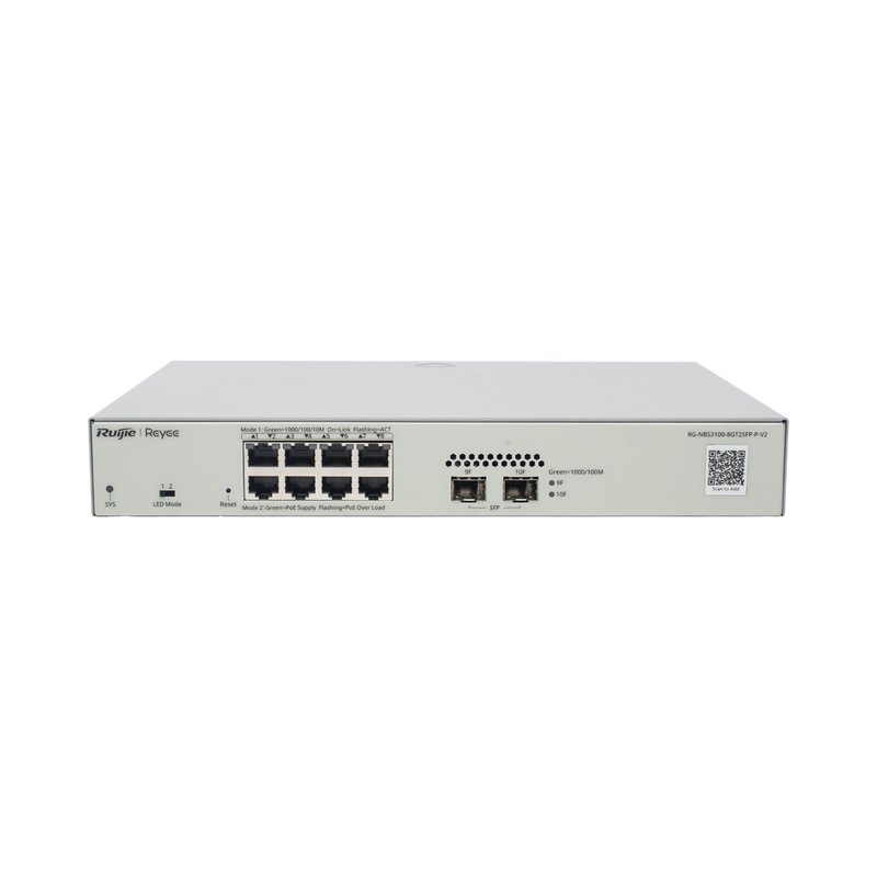 Switch Administrable PoE Capa 2 8 puertos Gigabit PoE 802.3af/at + 2 SFP para fibra 1Gb gestión gratuita desde la nube 125w RG-NBS3100-8GT2SFP-P-V2 - SILYMX