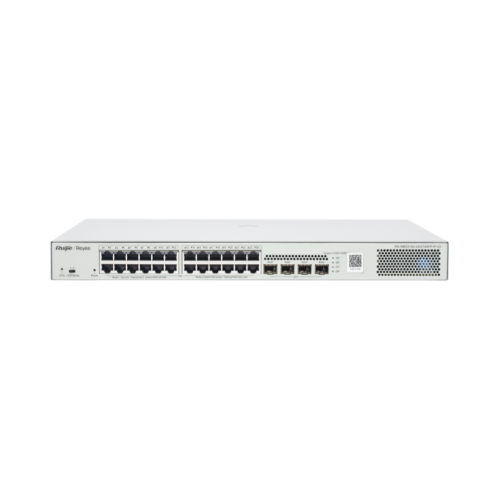 Switch Administrable L2 PoE+ hasta 370W, 24 Puertos Eth 1G, 4 puertos SFP 1G, Administración Remota en la Nube RG-NBS3100-24GT4SFP-P-V2 - SILYMX