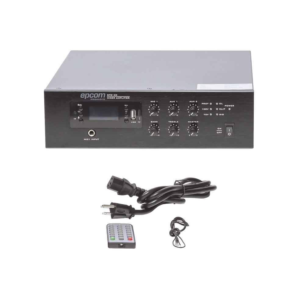 Mini Amplificador de Audio Mezclador | 120W RMS | Sistema 70/100V | MP3 | Tuner | Bluetooth | Musica ambiental y Voceo