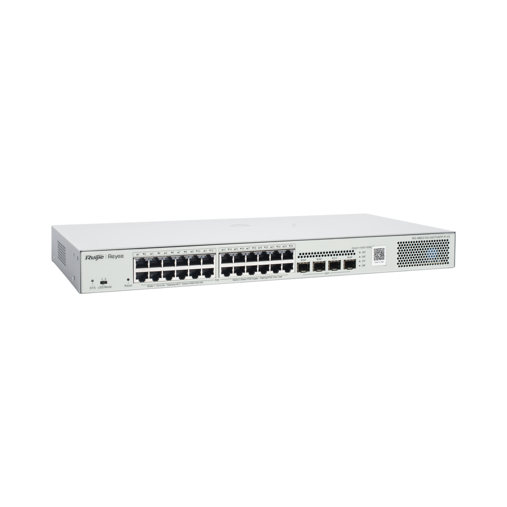 Switch Administrable L2 PoE+ hasta 370W, 24 Puertos Eth 1G, 4 puertos SFP 1G, Administración Remota en la Nube RG-NBS3100-24GT4SFP-P-V2 - SILYMX