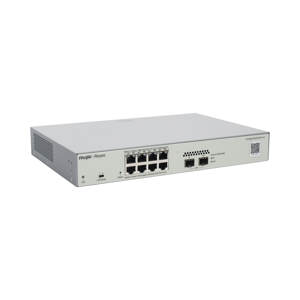 Switch Administrable PoE Capa 2 8 puertos Gigabit PoE 802.3af/at + 2 SFP para fibra 1Gb gestión gratuita desde la nube 125w RG-NBS3100-8GT2SFP-P-V2 - SILYMX