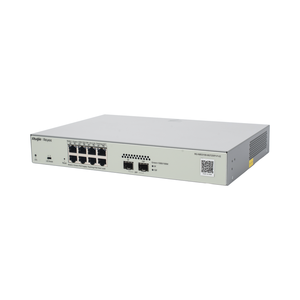 Switch Administrable PoE Capa 2 8 puertos Gigabit PoE 802.3af/at + 2 SFP para fibra 1Gb gestión gratuita desde la nube 125w RG-NBS3100-8GT2SFP-P-V2 - SILYMX
