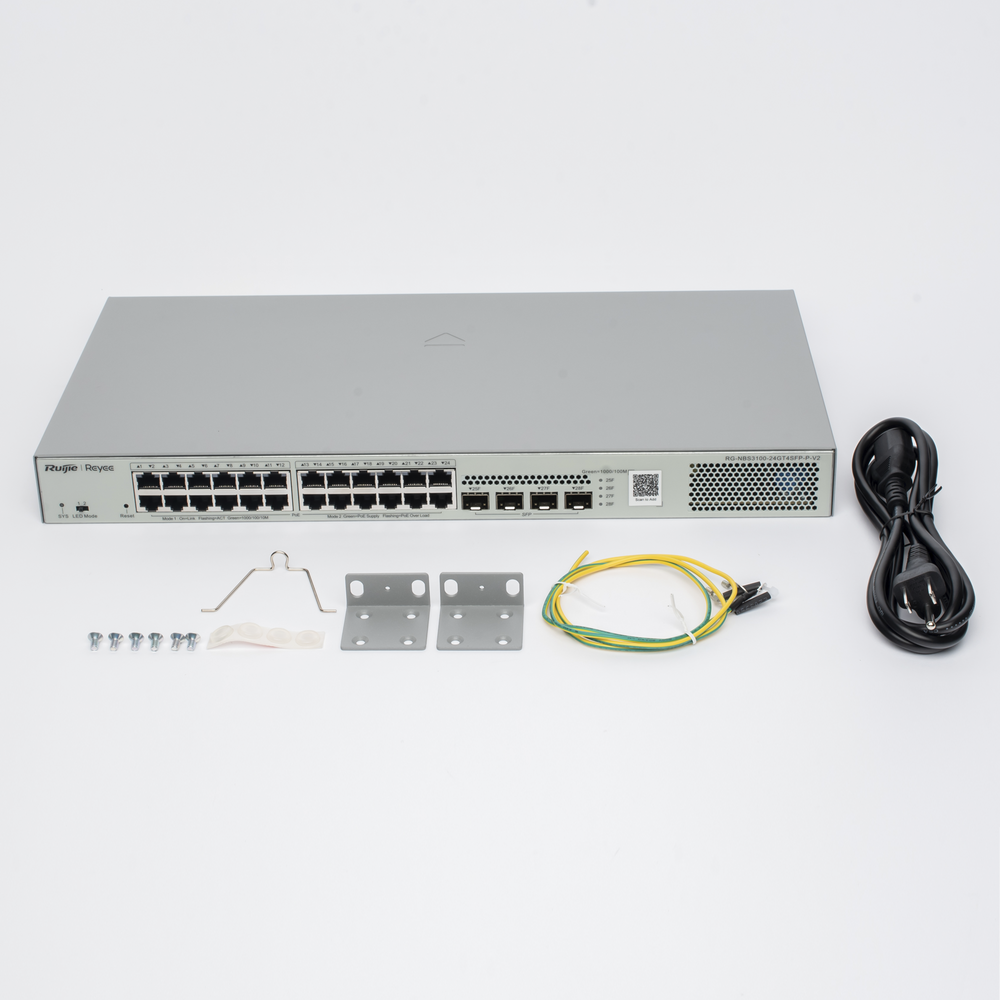 Switch Administrable L2 PoE+ hasta 370W, 24 Puertos Eth 1G, 4 puertos SFP 1G, Administración Remota en la Nube RG-NBS3100-24GT4SFP-P-V2 - SILYMX