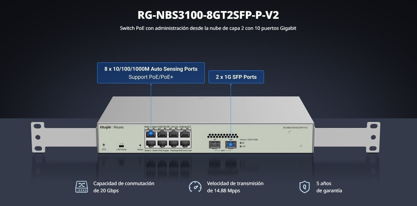 Switch Administrable PoE Capa 2 8 puertos Gigabit PoE 802.3af/at + 2 SFP para fibra 1Gb gestión gratuita desde la nube 125w RG-NBS3100-8GT2SFP-P-V2 - SILYMX