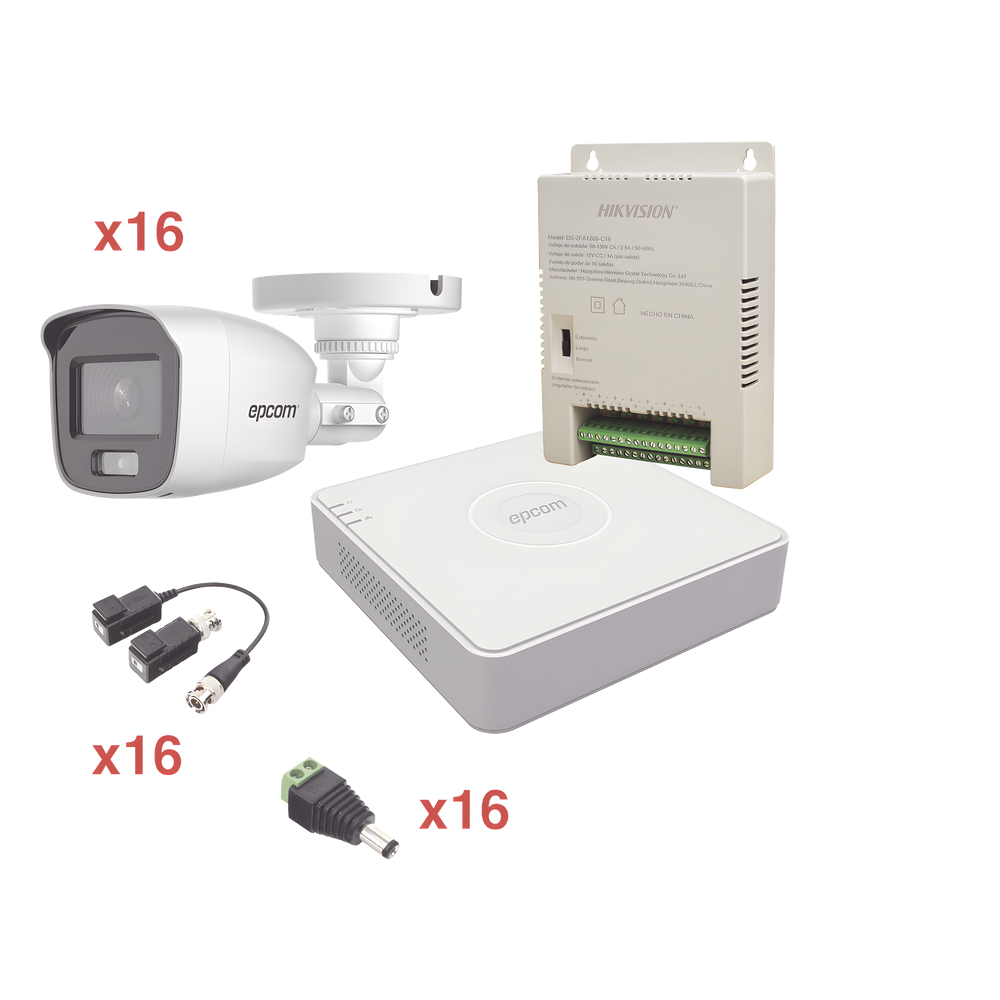 Kit CCTV TurboHD 1080p Lite DVR 16 Canales 16 Camaras Bala 2.8mm ColorVu 20m Audio Integrado EPCOM KE1080PL/16BCA - Imagen 1
