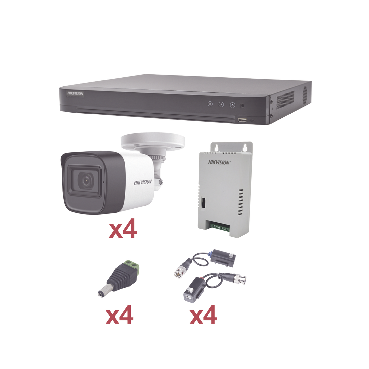 KIT TurboHD 1080p / DVR 4 Canales / 4 Cámaras Bala (exterior 2.8 mm) / Transceptores / Conectores / Fuente de Poder Profesional HIKVISION - Imagen 1