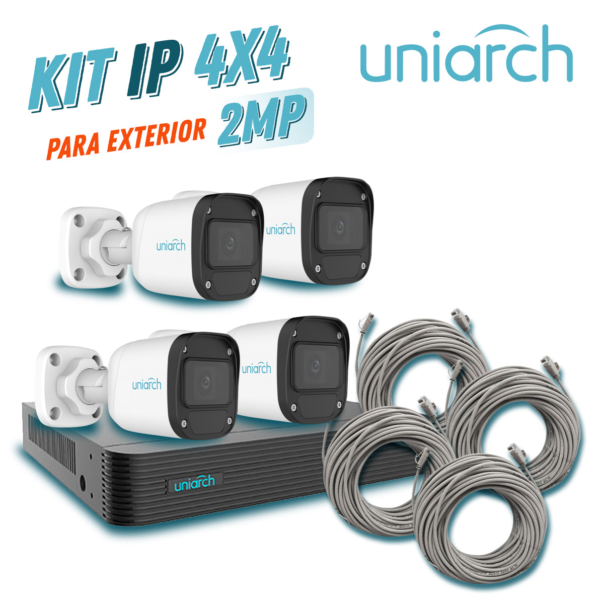 Kit IP 4 Camaras Bullet 2MP 1080P Exterior NVR PoE 4 Puertos Cables 18m (59ft) UNIARCH NVR-104E2-P4 IPC-B122-APF28K - Imagen 1