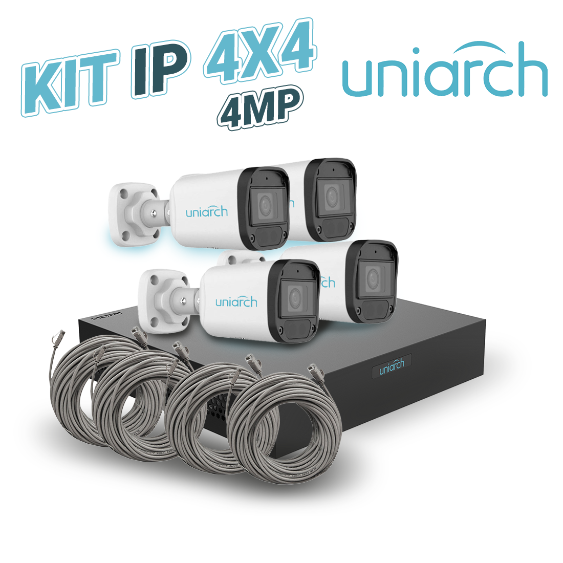 Kit CCTV IP 4 Camaras Bullet 4MP Exterior NVR PoE 4 Puertos 4 Cables 18m (59ft) Uniarch NVR-104E2-P4 + IPC-B124-APF28K - Imagen 1
