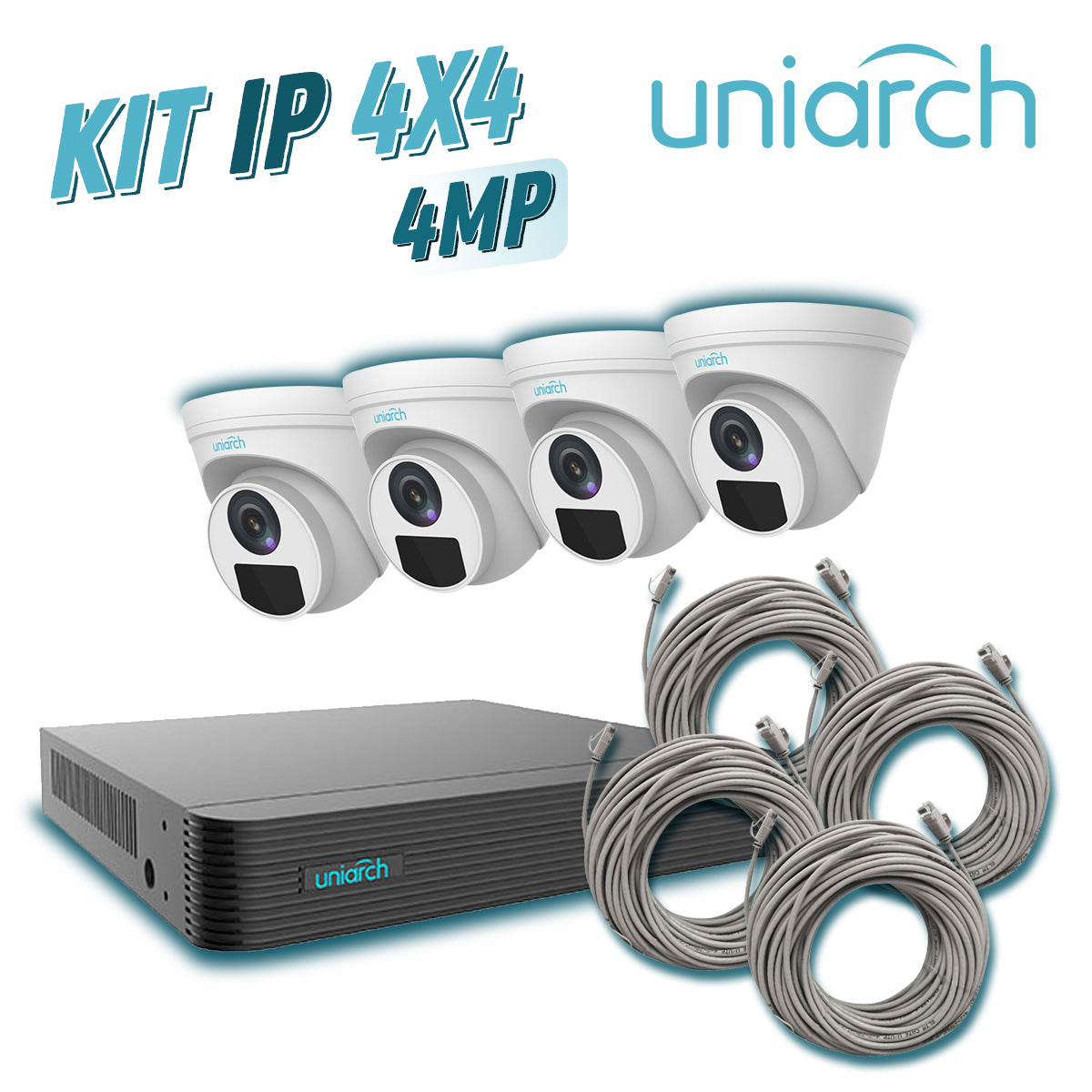 Kit CCTV IP 4 Camaras Turret 4MP 2.8mm NVR PoE 4 Puertos MicroSD Cables 18m (59ft) UNIARCH NVR-104E2-P4 IPC-T124-APF28K - Imagen 1