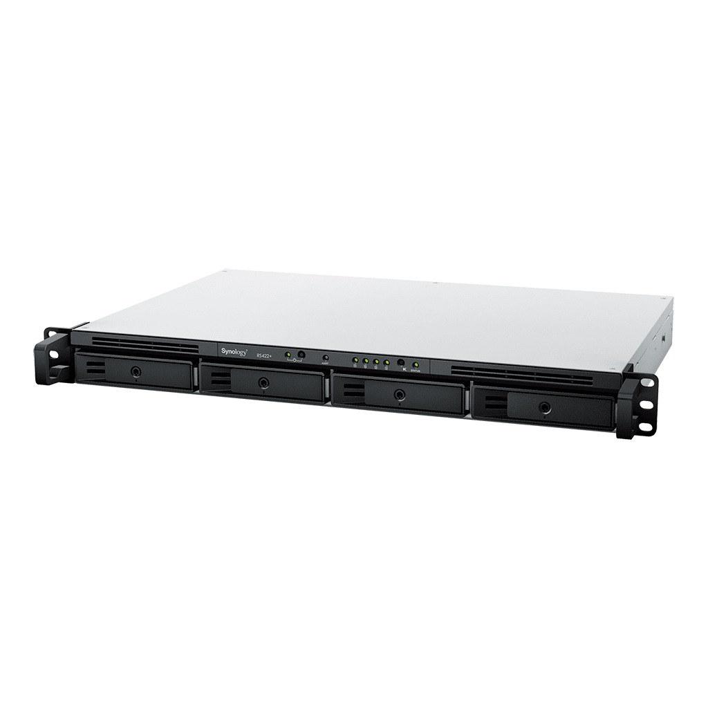 NAS RackStation RS422+ 4 Bahías 1U AMD Ryzen R1600 2 GB DDR4 ECC 570 MB/s Lectura 530 MB/s Escritura Puertos Dual 1GbE Actualización 10GbE Compatibilidad RAID Synology DSM