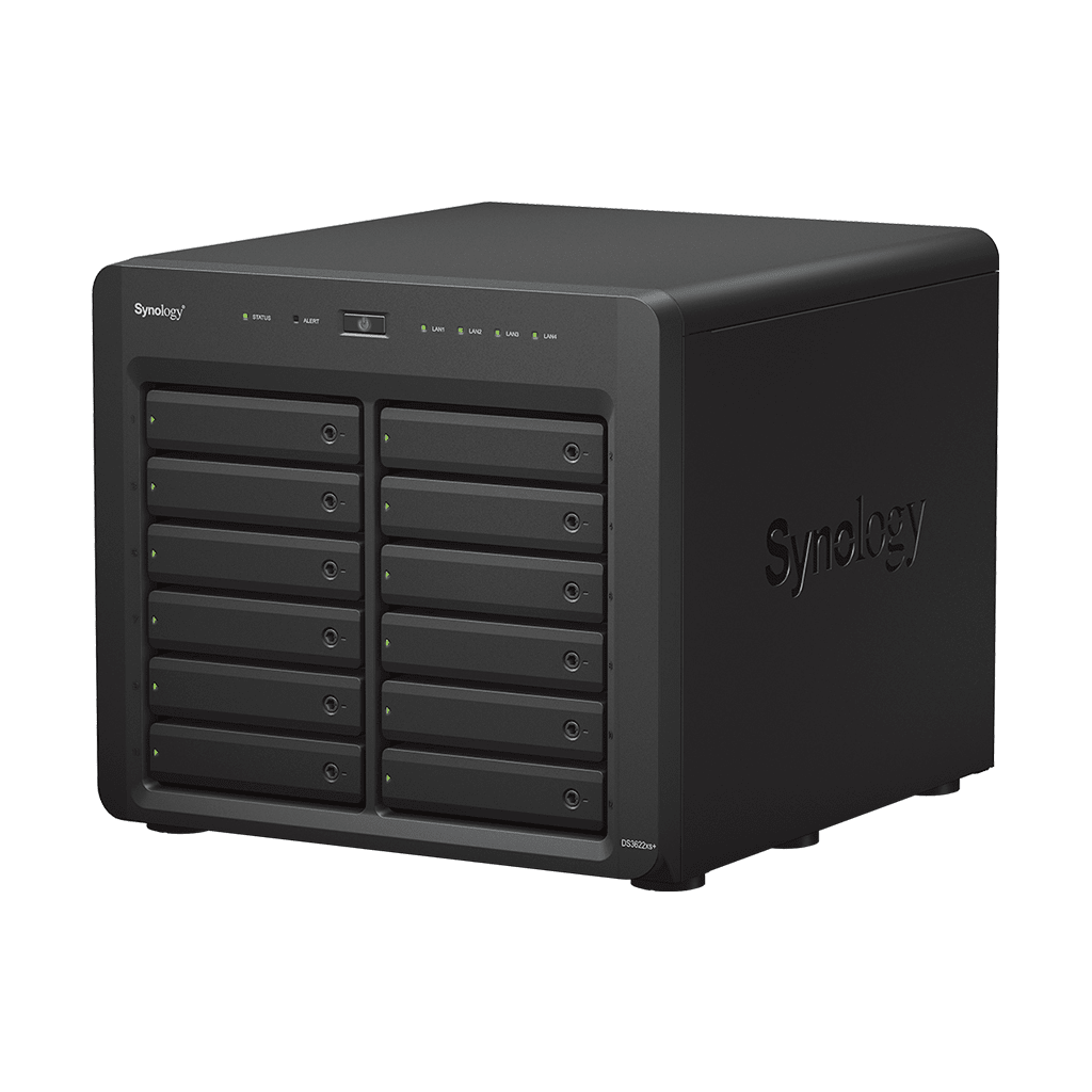 Servidor NAS Synology DiskStation DS3622xs+ 12 Bahías Intel Xeon 6 Núcleos 16 GB DDR4 ECC 10GbE RJ-45 Expansión Hasta 36 Bahías RAID F1 Caché NVMe SSD - SILYMX