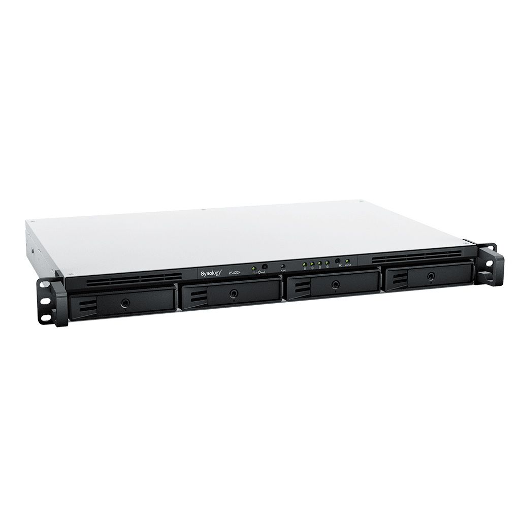 NAS RackStation RS422+ 4 Bahías 1U AMD Ryzen R1600 2 GB DDR4 ECC 570 MB/s Lectura 530 MB/s Escritura Puertos Dual 1GbE Actualización 10GbE Compatibilidad RAID Synology DSM