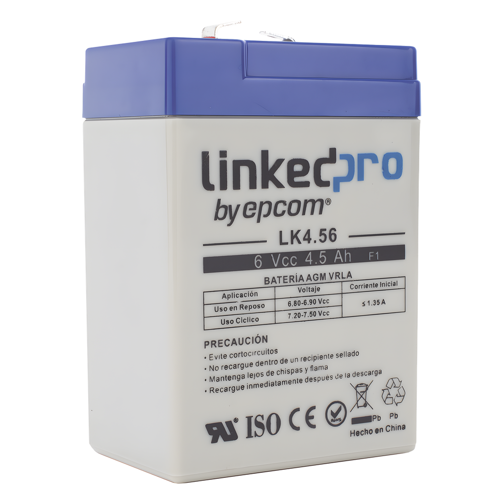 Batería 6 V 4.5 Ah UL AGM Vida útil promedio 5 años Para uso en equipo electrónico Alarmas de Intrusión Incendio/ Control de acceso Video Vigilancia Terminales F1 ( Incluye adaptador F2 LINKEDPRO BY EPCOM LK4.56 - Imagen 3