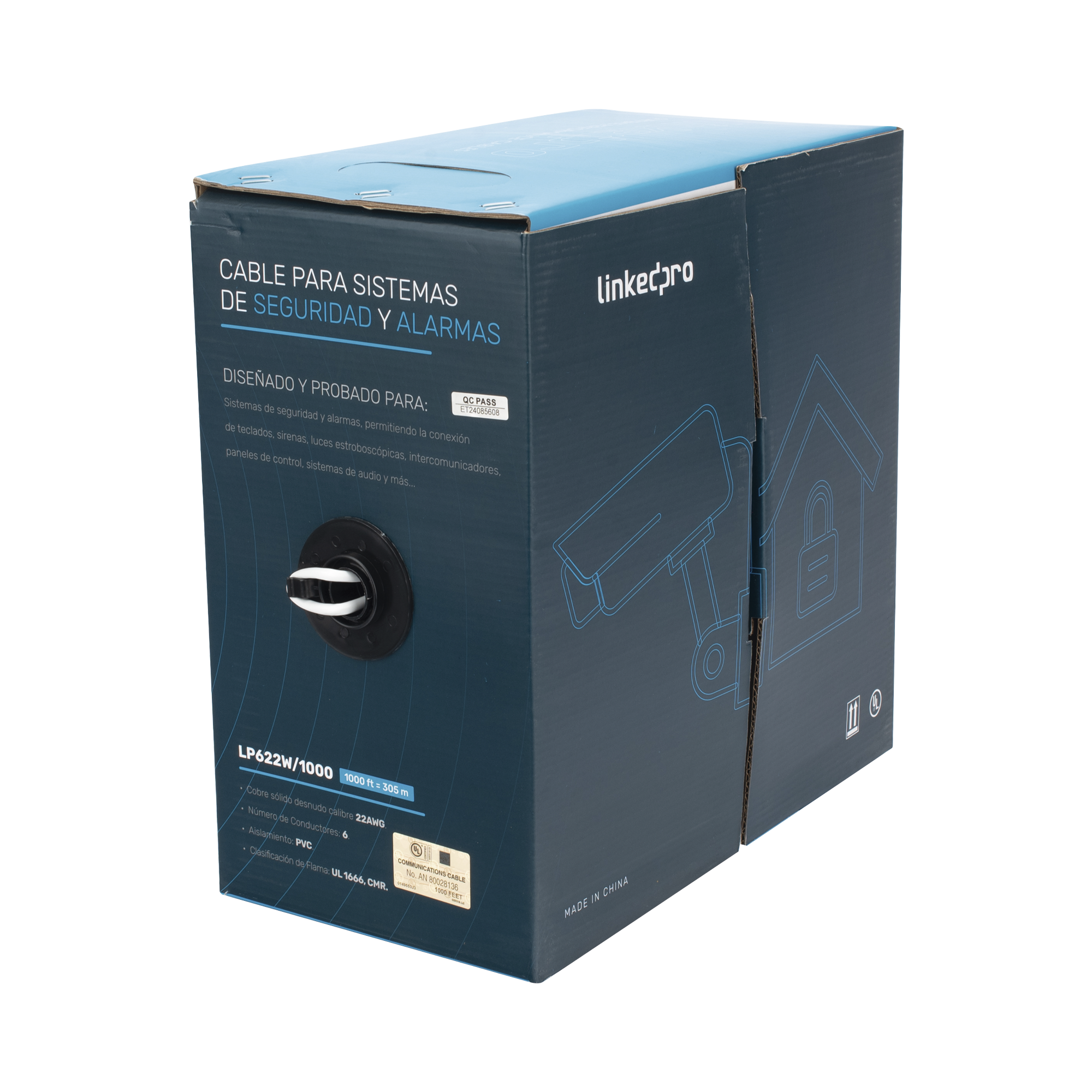 Bobina de Cable 305 Metros (1000 Pies): 6 x 22 AWG, Color Blanco, CMR, Para Sistemas de Seguridad y Alarmas LINKEDPRO - Imagen 2