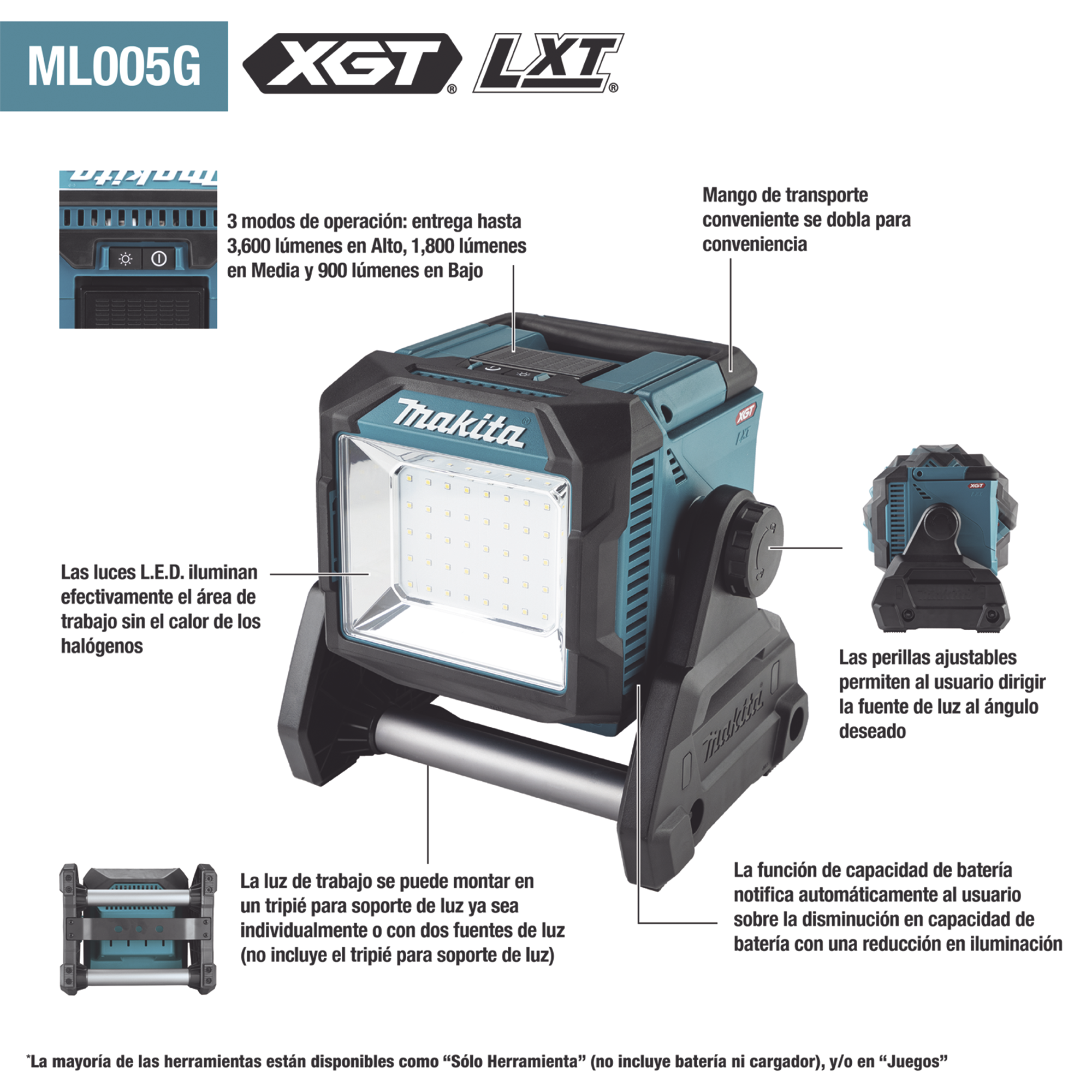 Luz de Trabajo Inalámbrica Utiliza Batria XGT® de 40V o LXT® Litioâ€‘Ion de 18V. MAKITA - Imagen 1