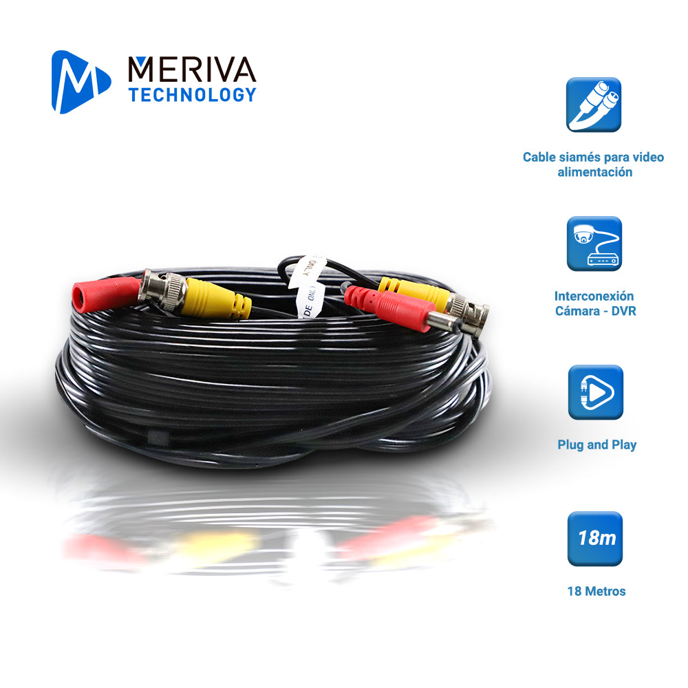 Cable de Video HD Armado 18m (59ft) BNC y Corriente Negro AHD HDTVI HDCVI MERIVA MVA-HDCB18 - Imagen 1