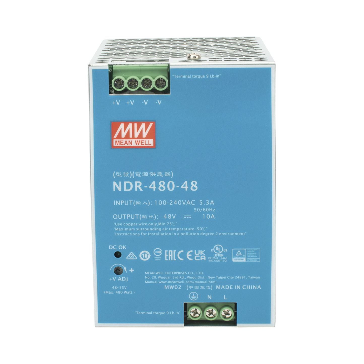 Fuente de Poder Industrial de 480W, salida 48 VCD, para montaje en riel Din MEANWELL - Imagen 1