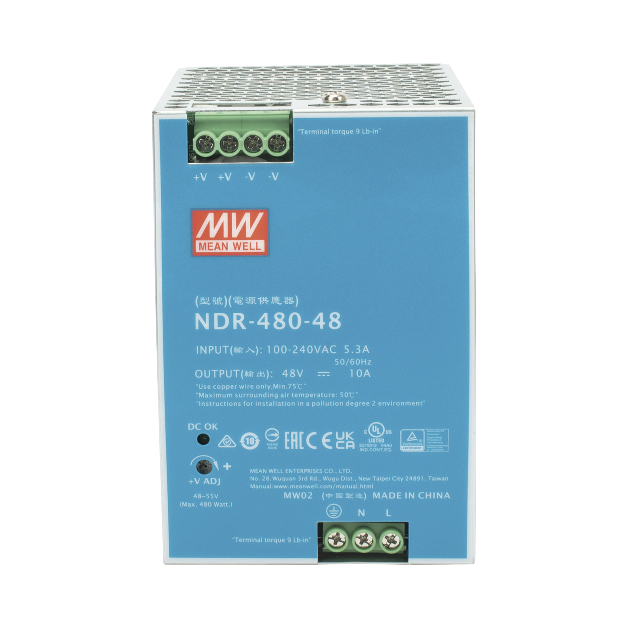 Fuente de Poder Industrial de 480W, salida 48 VCD, para montaje en riel Din MEANWELL - Imagen 1