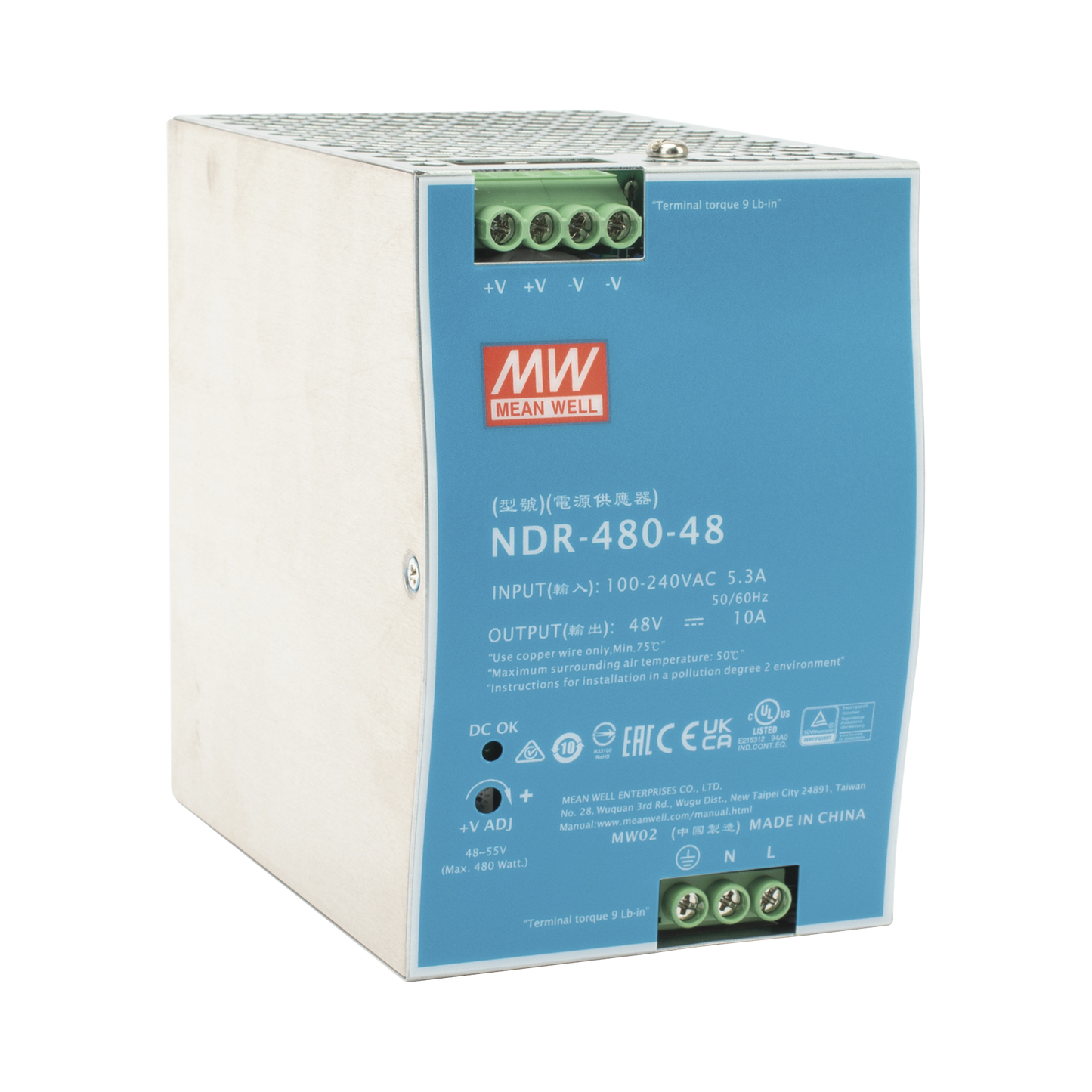 Fuente de Poder Industrial de 480W, salida 48 VCD, para montaje en riel Din MEANWELL - Imagen 2