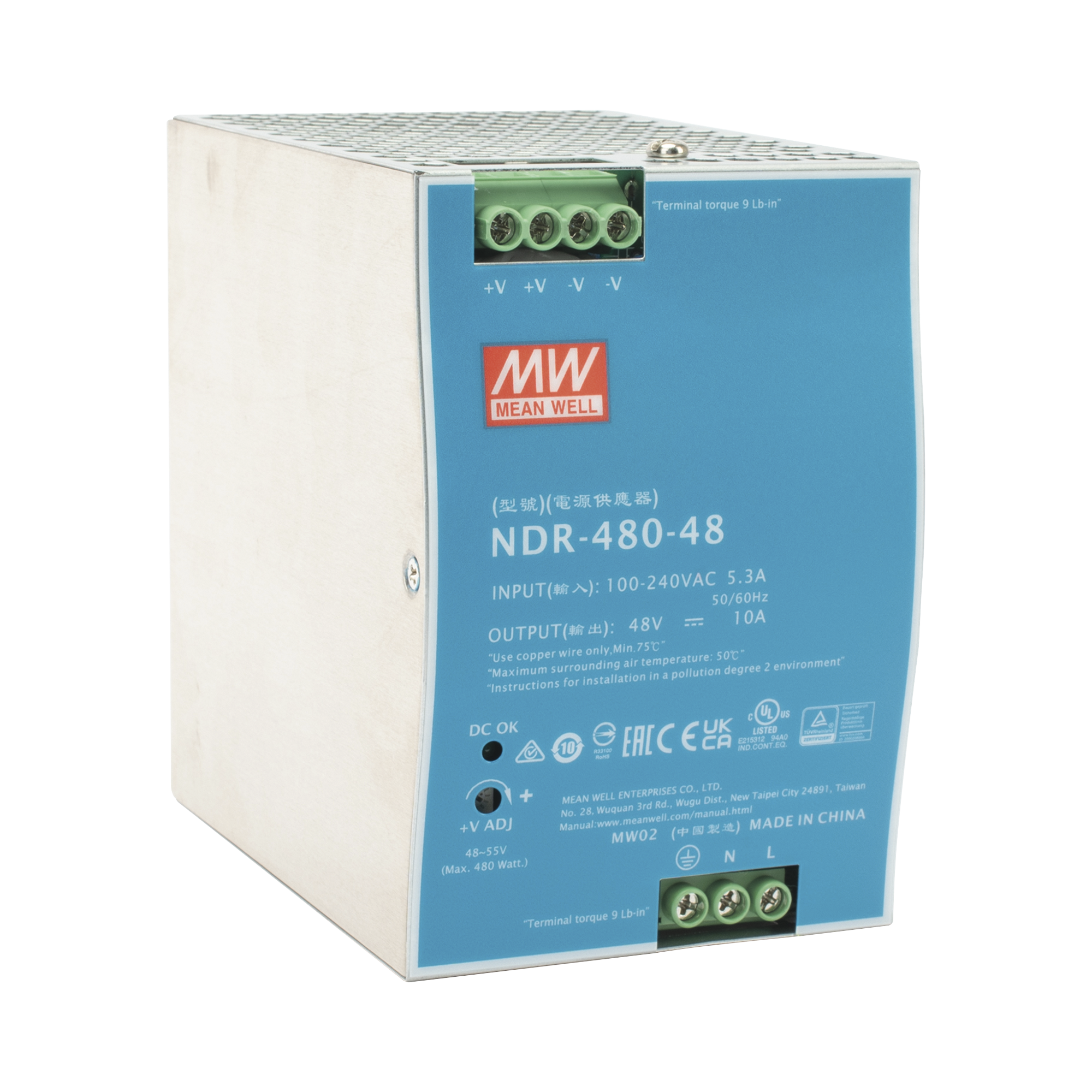 Fuente de Poder Industrial de 480W, salida 48 VCD, para montaje en riel Din MEANWELL - Imagen 2