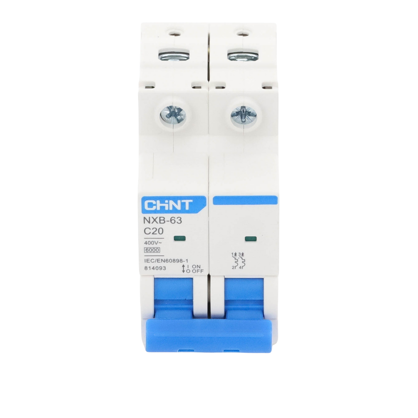 Pastilla para Riel Din, 2 Polos, 20 Amp, Vca:110/415v, 6kA, Catálogo: NXB632PC20. CHINT - Imagen 1