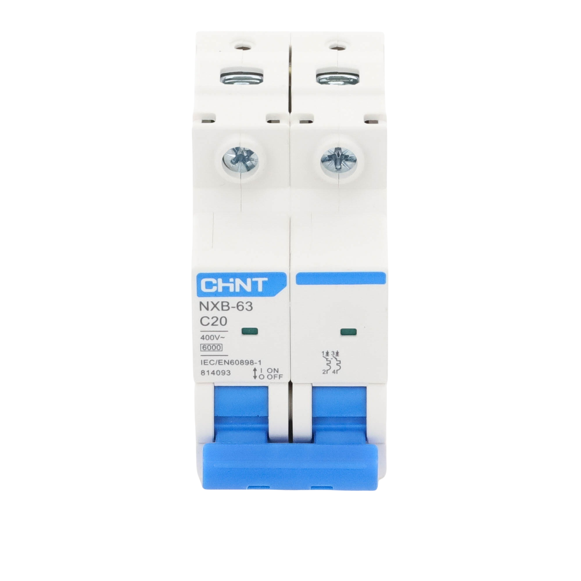 Pastilla para Riel Din, 2 Polos, 20 Amp, Vca:110/415v, 6kA, Catálogo: NXB632PC20. CHINT - Imagen 1