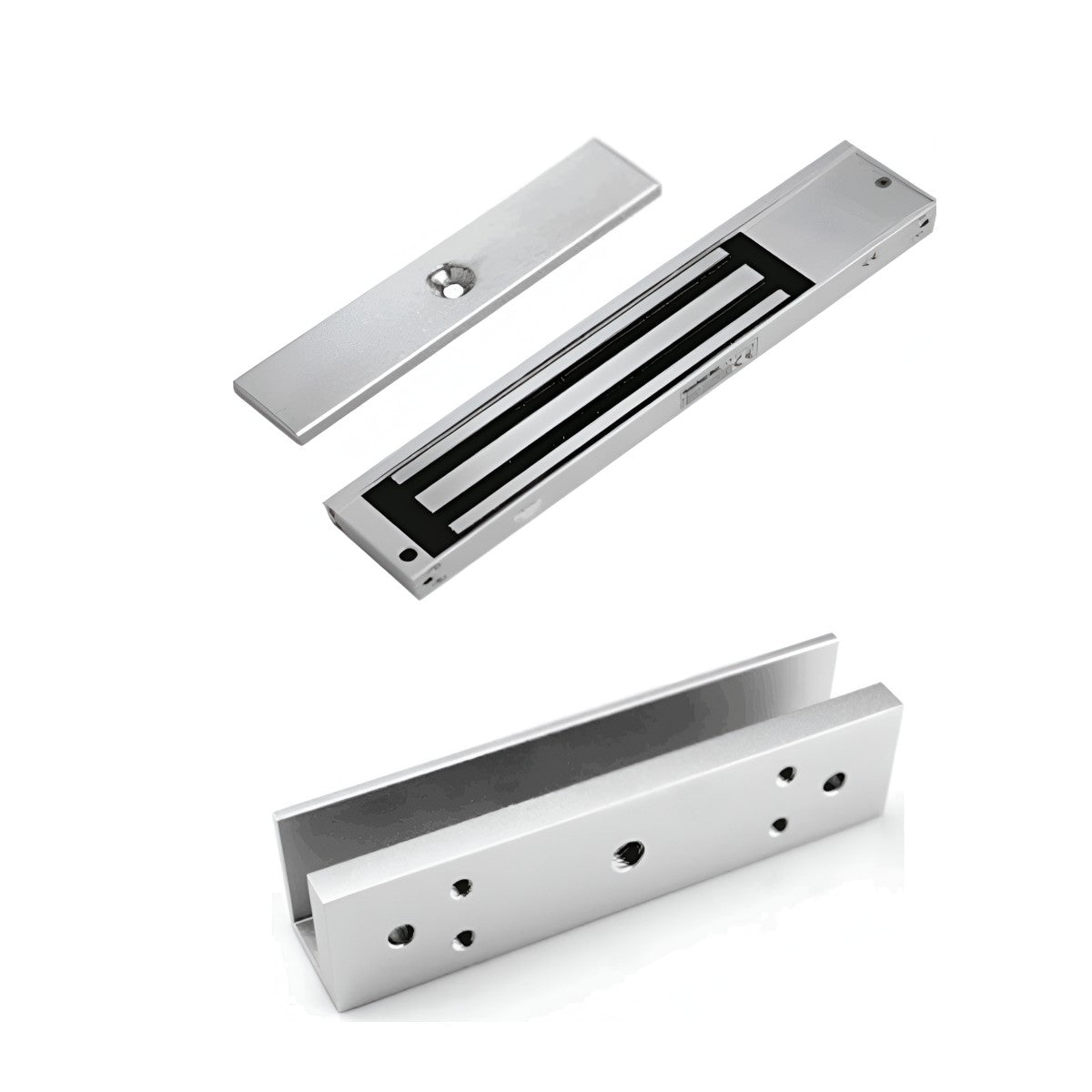 Paquete de contrachapa magnética de 200 Kg a 12 VDC con señal NC que incluye soporte en U para colocación en puertas de vidrio LM-2805 + LMB-280U - SILYMX