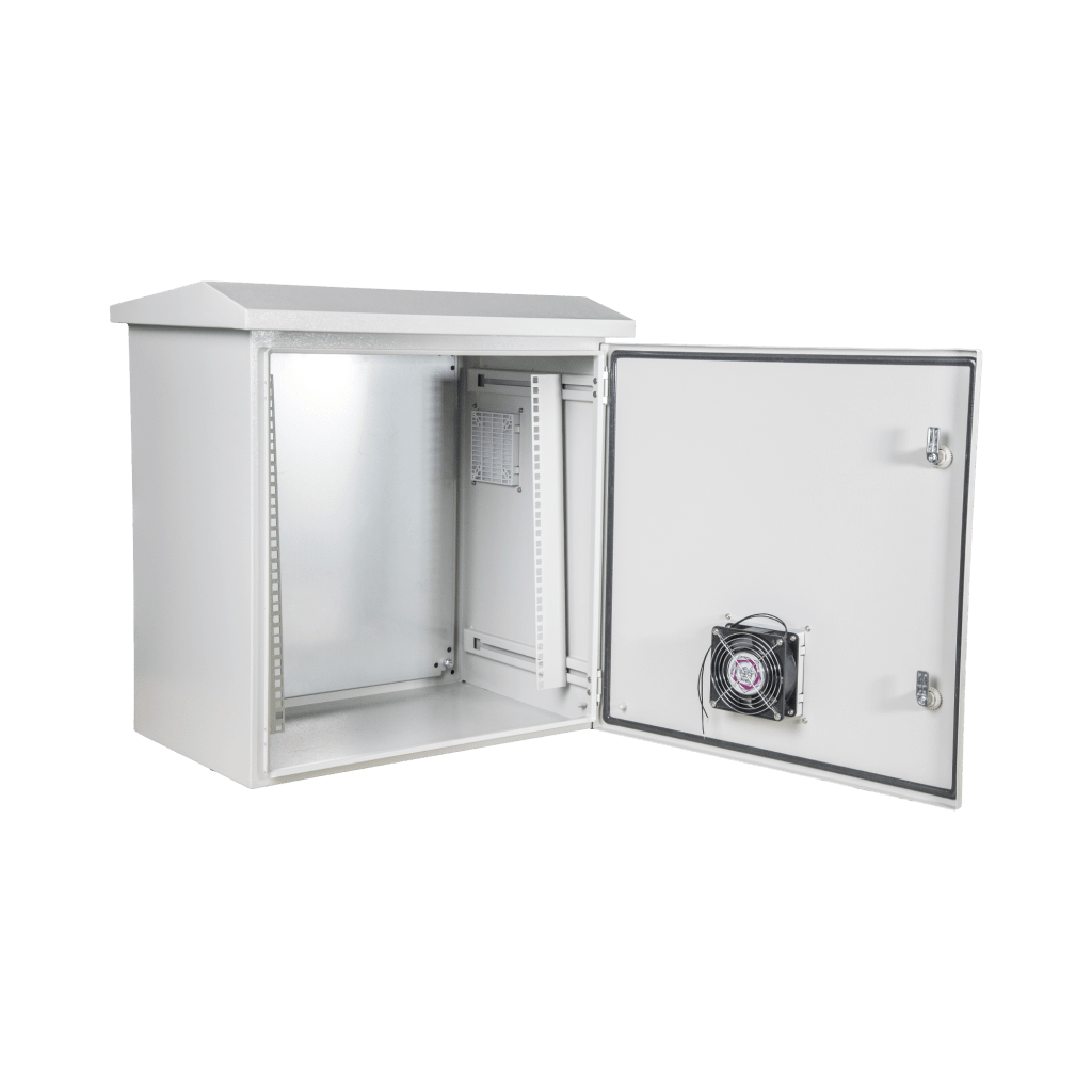 Kit Gabinete Ventilado de Acero, Rack 19" 11U, IP55 Uso en Exterior (593 x 609 x 399 mm) con Placa Trasera Interior Metálica y Compuerta Inferior Atornillable. Incluye Ventilador, Ventilas, filtros, Terminal de Tierra Física.