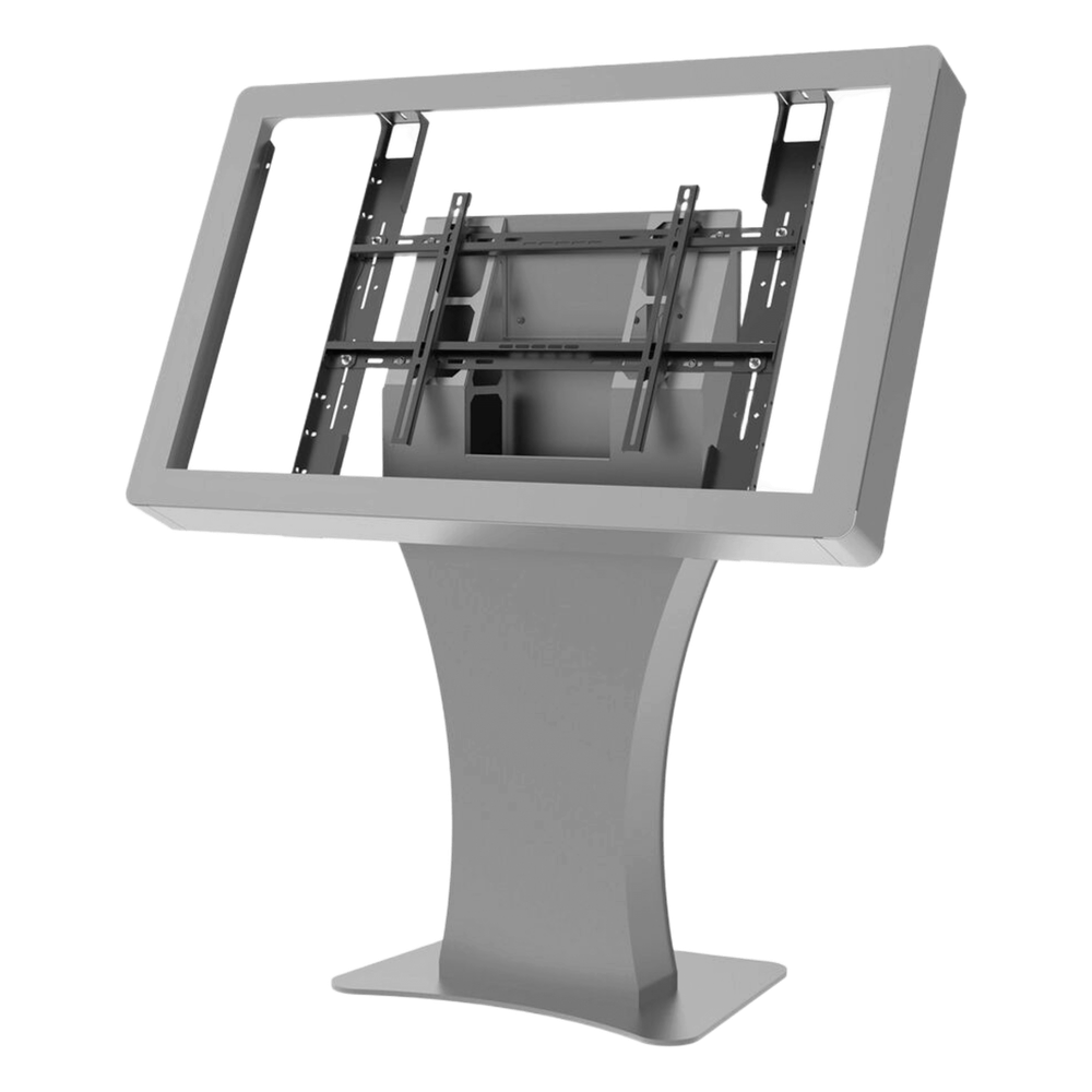 Kiosko Landscape Indoor / Soporte Pantallas 43"-55" / Diseño Hourglass / Base Plana Rectangular / Supresor 6 Salidas UL / Bandeja Interna / Acabado Powder Coat