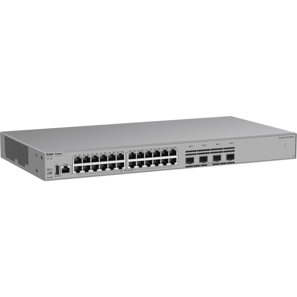 Switch de Acceso Capa 3 / 24 Puertos Gigabit PoE+ / 4 Puertos SFP 2.5GE / 370W PoE / VSU / OSPF / RIP / Protección contra Sobretensiones 10kV / Ventilador Fijo / Línea Cybrey