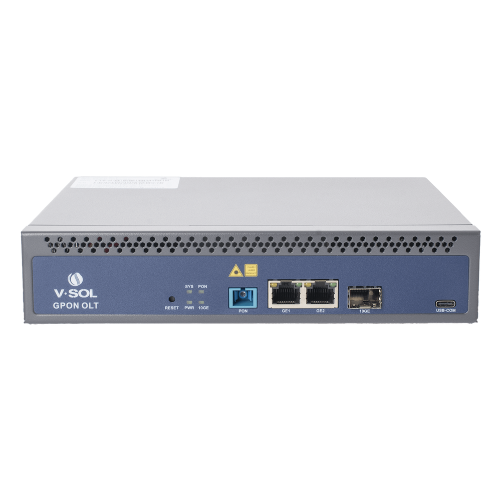 OLT de 1 puerto GPON SC/UPC + 3 puertos Uplink (2 puertos Gigabit Ethernet + 1 puerto SFP/SFP+), Fuente de alimentación redundante AC/DC , hasta 128 ONUS