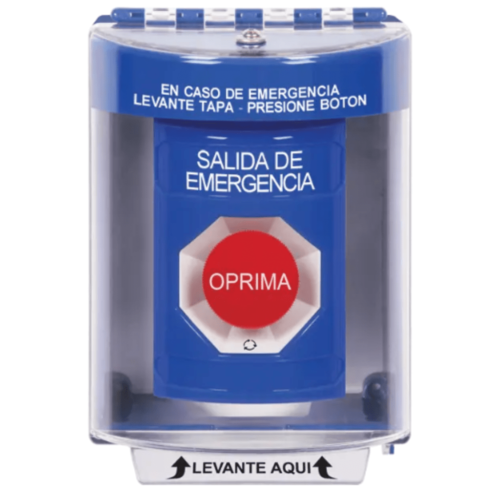Botón Multipropósito de Superficie / Texto Salida de Emergencia en Español / Relevadores Dobles Forma C / Tapa de Policarbonato / Llave para Restablecer / Interior/Exterior