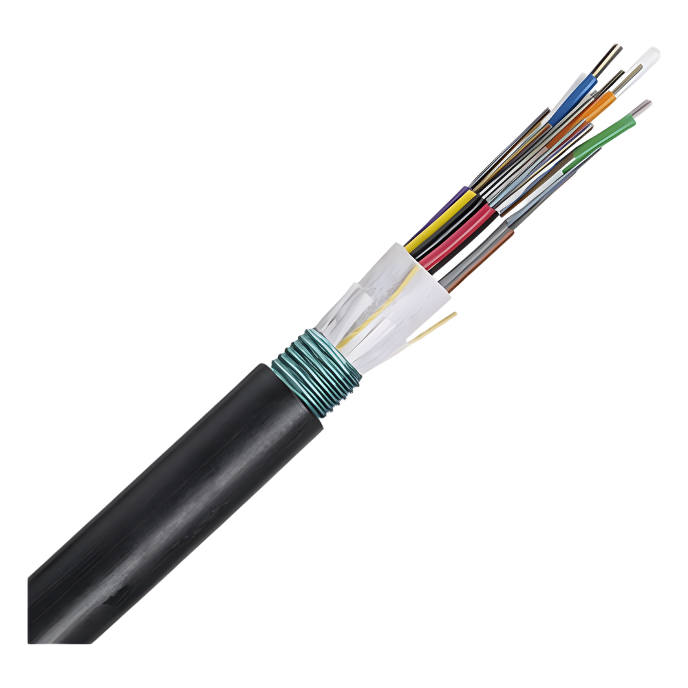 Cable de Fibra Óptica / 6 Hilos / Planta Externa / Armado / Multimodo OM4 50/125 / MDPE / Bloqueo de Agua en Seco / Enterrado Directo