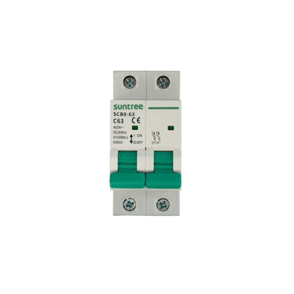 Protección Térmica SUNTREE Interruptor 2P 20 A Corriente Alterna 400Vca para Aplicación Fotovoltaica Montaje Riel DIN SCB8-63C20/2P