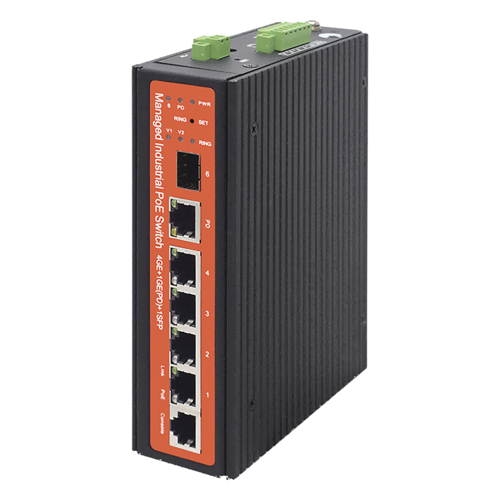 Switch Industrial PoE / 4 Puertos Gigabit / PoE Pasivo 24V / 802.3af/at/bt 60W / SFP / -40°C a 80°C / 6kV / Riel DIN