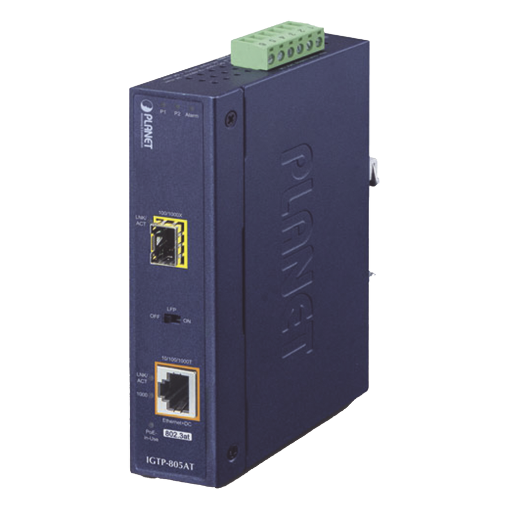 Convertidor de Medios PoE Industrial / SFP 1000BASE-X a RJ45 Gigabit / PoE+ 802.3at 30W / -40 a 75°C / IP30 / 12-48V CC o 24V CA