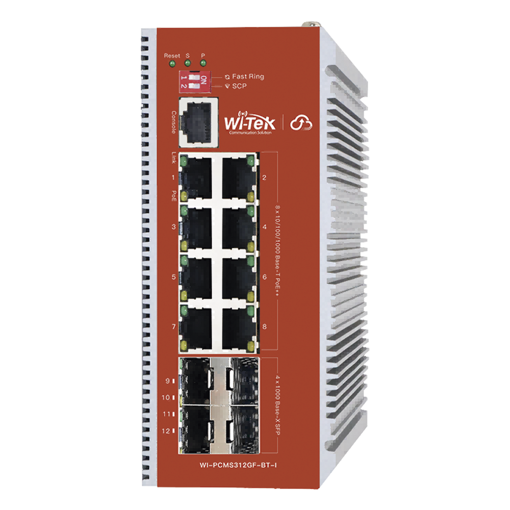 Switch PoE Industrial L2+ / 8 Puertos 100/1000 Mbps / 4 SFP Gigabit / 460 W / Cloud-Web-CLI / ERPS / -40 a 75 °C