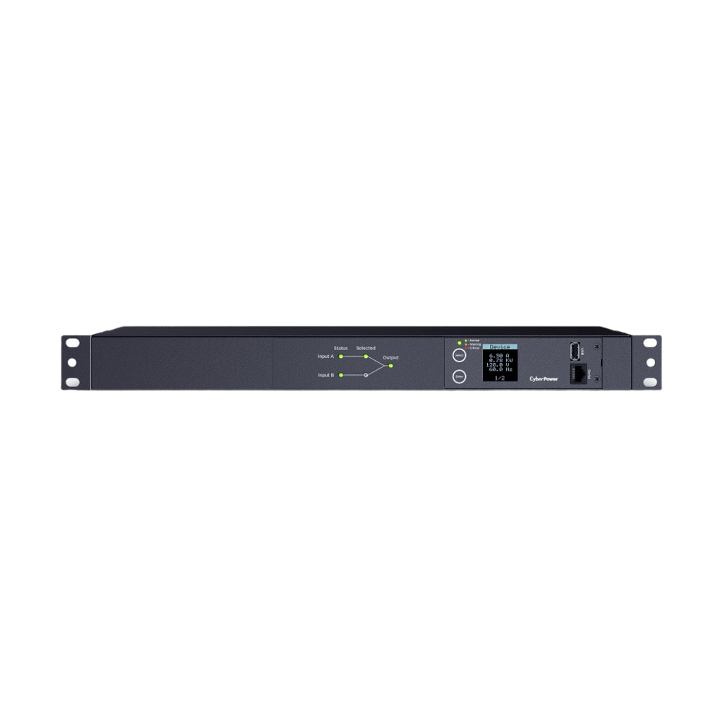 PDU ATS (Fuente Redundante Auto-transferible) Medible, Para Distribución de Energía, 2 Entradas 120 Vca NEMA5-15P, Con 10 Salidas NEMA 5-15R, Horizontal 19in, 1UR