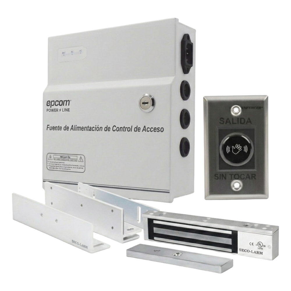 Kit de Control de Acceso / Fuente 12 VCD 5A / Chapa Magnética 600 lbs / Botón Sin Contacto / Montajes L y Z / Batería de Respaldo Opcional