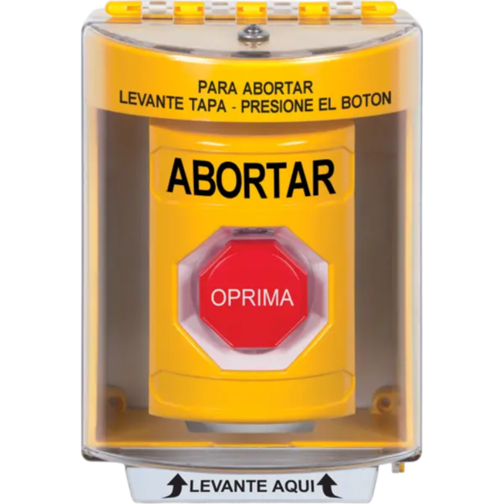Botón de Abortar, Texto en Español, Tapa Protectora de Policarbonato Súper Resistente, Momentáneo