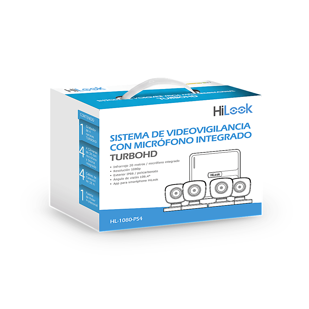 Kit de Videovigilancia HiLook HL-1080-PS4 · TurboHD 1080p · DVR 4 Canales · 4 Cámaras con Micrófono - SILYMX