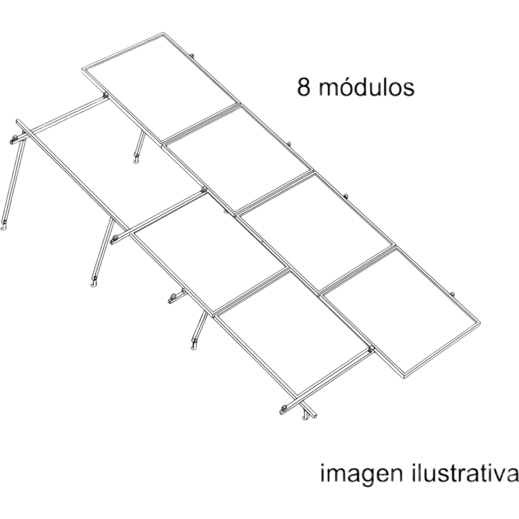Sistema de Montaje Solar BASEL / 8 Módulos 645W / Configuración 2x4 / Losa Plana / Resistencia 170 km/h / Rieles N-S 4.72m / Inclinación 22°