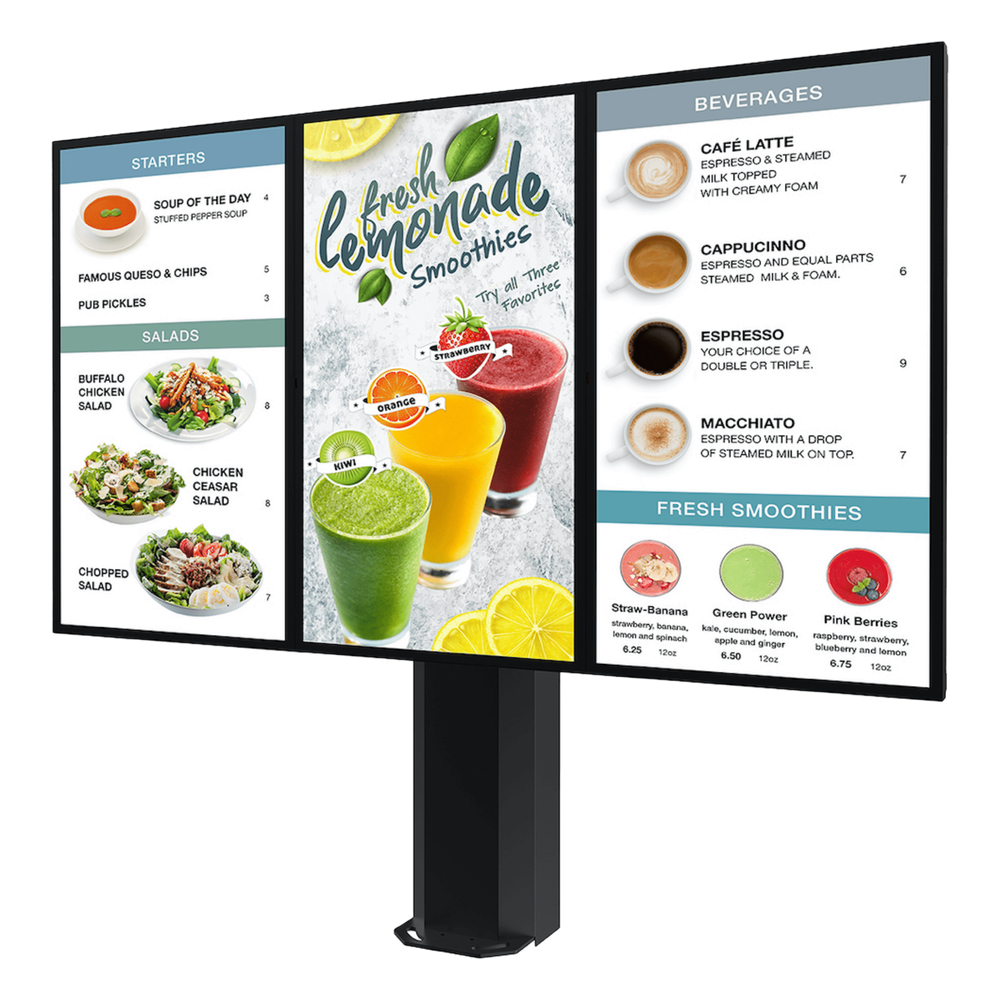 Kiosco digital exterior / 55" / IP65 / UL 48 / Base pedestal 8" / Rotación 30° / 3 pantallas / 1.83 m / Drive-thru