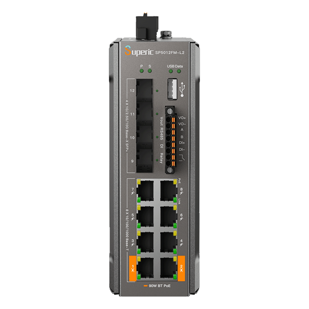 Switch PoE Industrial Gestionado L2+ / 8 Puertos Gigabit PoE / 4 Puertos SFP 10G / 96 Gbps / PoE 240W / Sin Ventilador / -40 a 75°C / Alimentación Dual DC