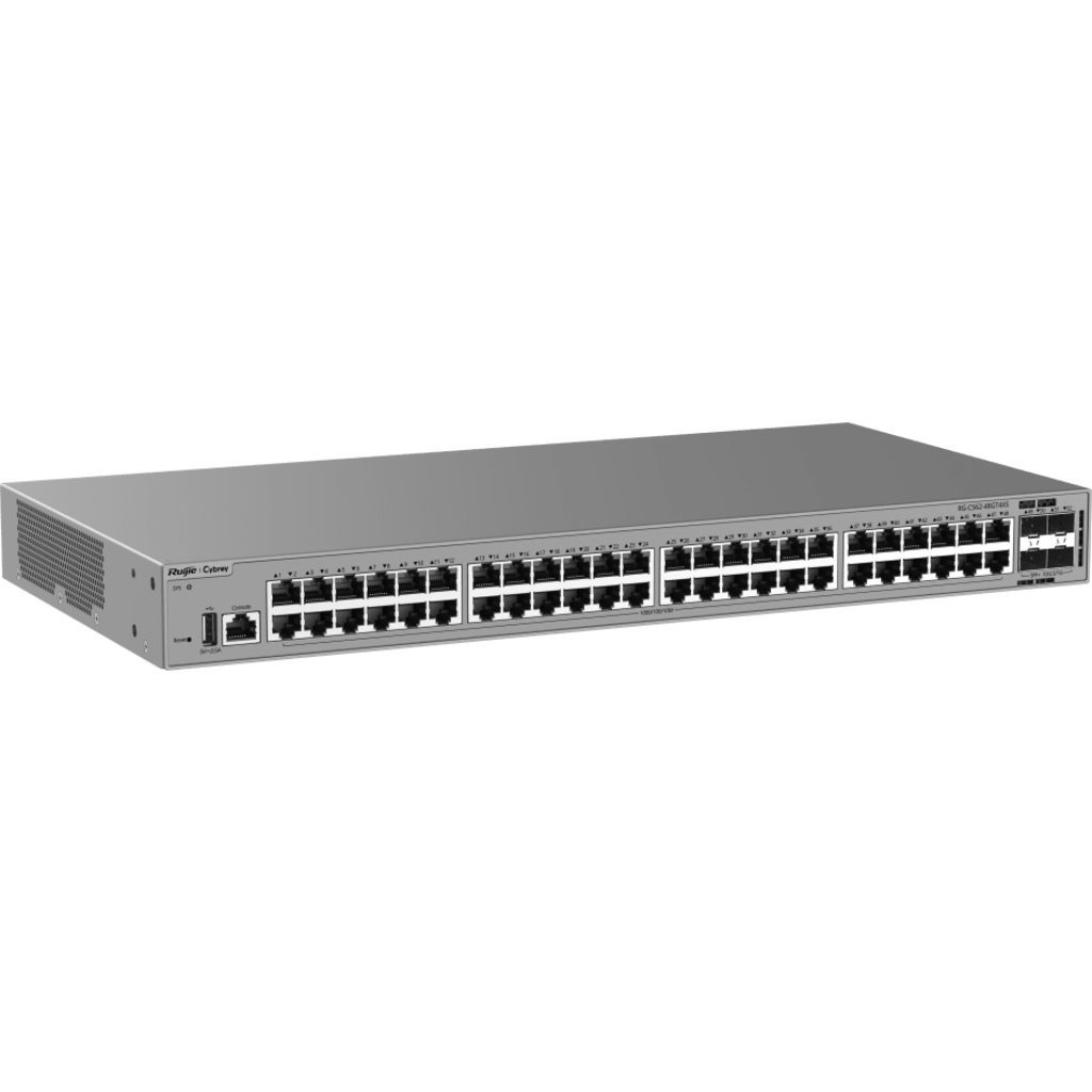 Switch de Acceso Gigabit / 48 Puertos 10/100/1000BASE-T / 4 Puertos SFP+ 1GE/2.5GE/10GE / Capacidad 176 Gbps / Capa 3 / VSU / 1 RU / Alimentación Fija AC / Línea Cybrey