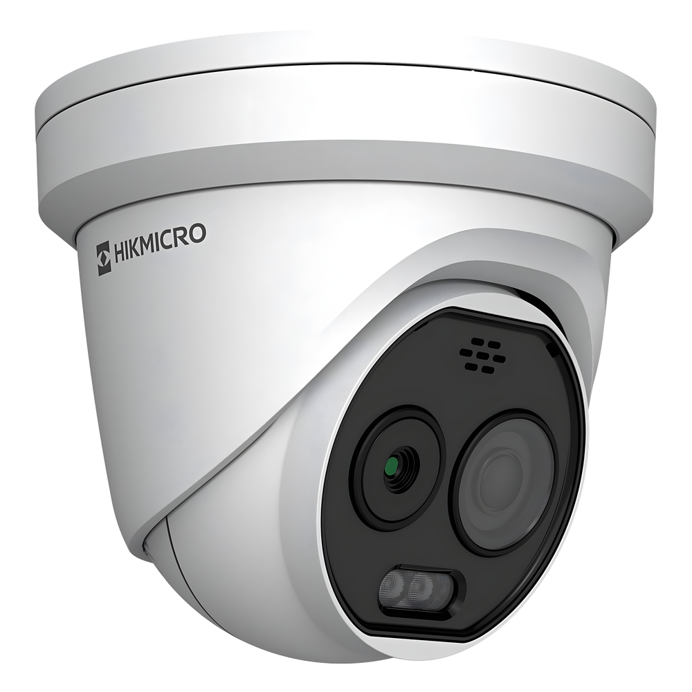 Cámara Turret IP Bi-espectral / Térmica 256×192 / Óptica 5 Megapixel / Detección de Temperatura -20°C a 650°C / Dual Light 30 m (98.4 ft) / IA Avanzada