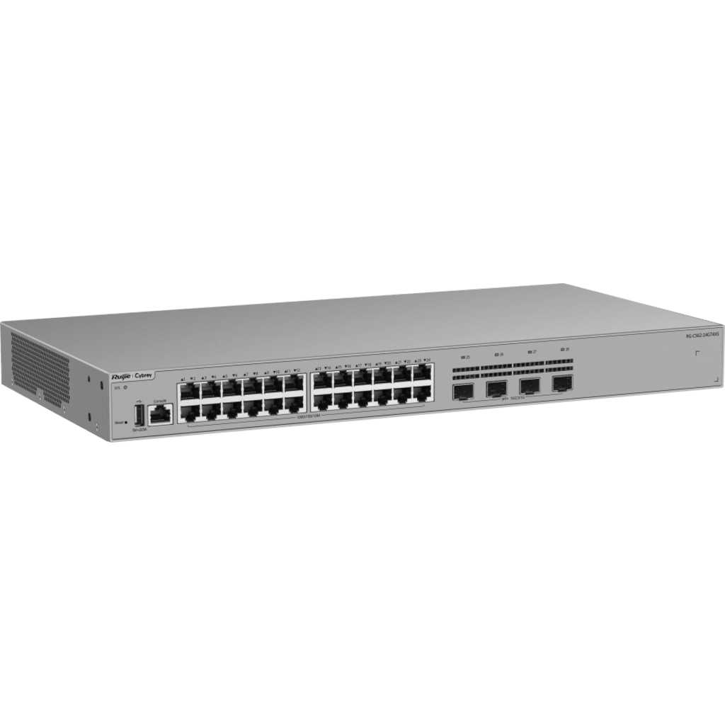 Switch Ethernet de Acceso 1000 Mbps / 24 Puertos RJ45 10/100/1000BASE-T / 4 Puertos SFP+ 1GE/2.5GE/10GE / Capacidad 128 Gbps / Enrutamiento Layer 3 / VSU / Diseño Sin Ventilador / 1 RU / Línea Cybrey