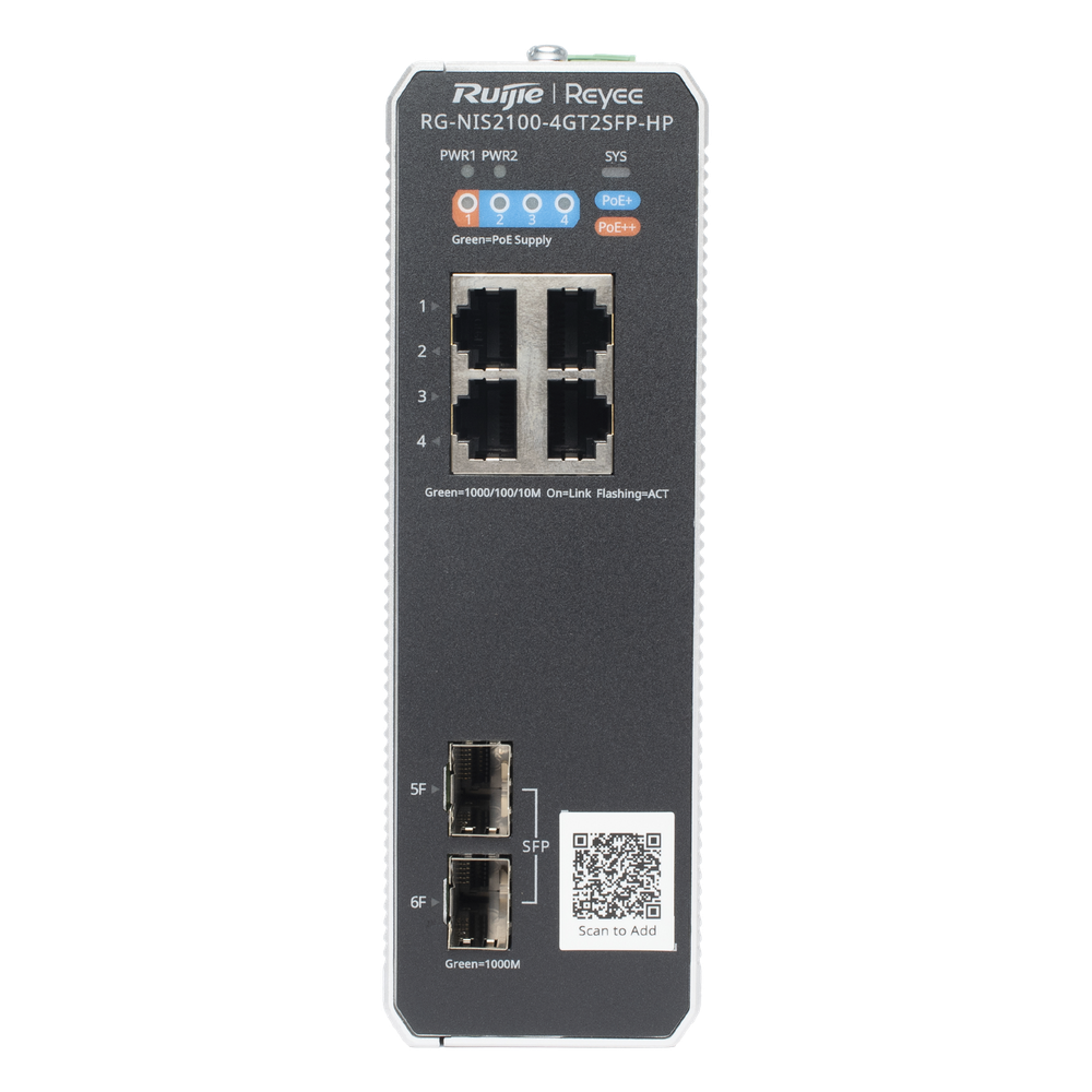 Switch Industrial PoE+ / 4 Puertos Gigabit / 1 PoE++ 60W + 3 PoE+ 30W / 2 SFP Uplink / 12 Gbps / -40°C a 75°C / Protección 6 kV